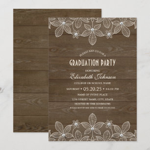 Rustic Graduation Party Wood Lace Pearl Afstudeerd Kaart