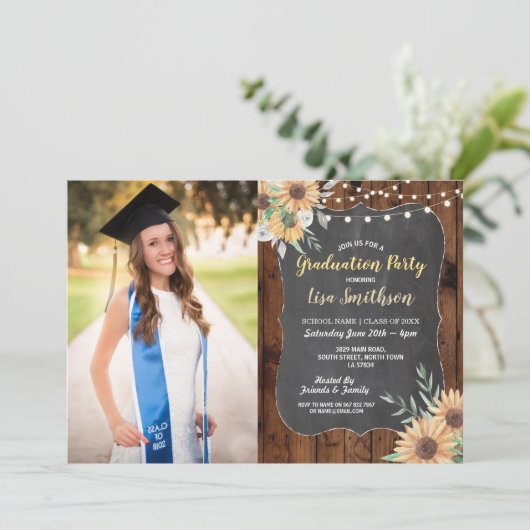 Rustic Graduation Party Wood Sunflower Chalk Kaart (Staand voorkant)