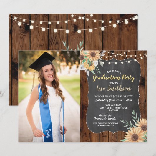 Rustic Graduation Party Wood Sunflower Chalk Kaart (Voorkant / Achterkant)
