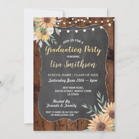 Rustic Graduation Party Wood Sunflower Invite Kaart (Voorkant)