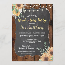 Rustic Graduation Party Wood Sunflower Invite Kaart