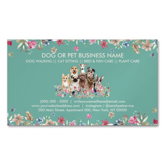 Rustic Grass Green Botanical Pets Cute Dogs Magnetisch Visitekaartje (Voorkant)