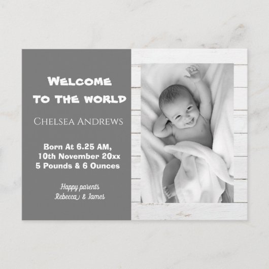 Rustic Gray Baby Foto geboortedatum Briefkaart (Voorkant)