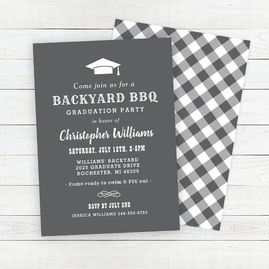 Rustic Gray Backyard BBQ Graduation Party Kaart