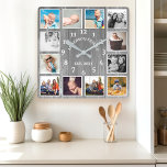 Rustic Gray Barn Wood Farmhouse 12 Foto Collage Vierkante Klok<br><div class="desc">Rustic Gray Barn Wood Farmhouse 12 Foto Collage Square Wall Clock. Grote,  mooie witte schuur  hout,  op maat gemaakt met de familienaam jaar heeft de klok van het muurdecor vastgezet. De perfecte houten plank zoekt elk huis of keuken.</div>