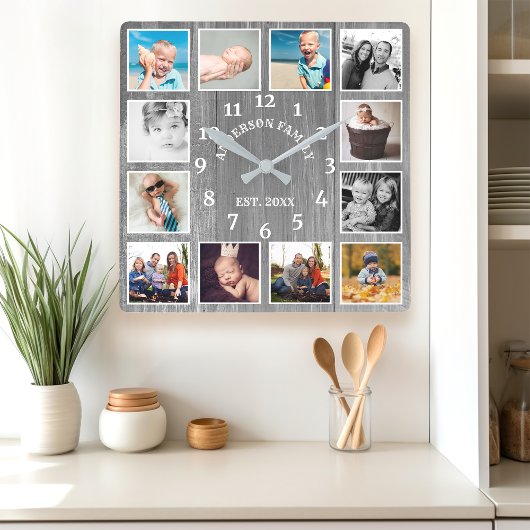 Rustic Gray Barn Wood Farmhouse 12 Foto Collage Vierkante Klok