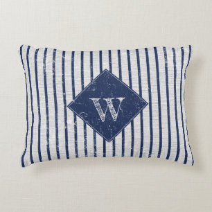 Rustic Gray Linen Navy Blue Stripes Monogram Accent Kussen