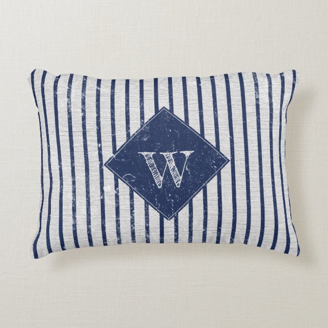 Rustic Gray Linen Navy Blue Stripes Monogram Accent Kussen (Voorkant)