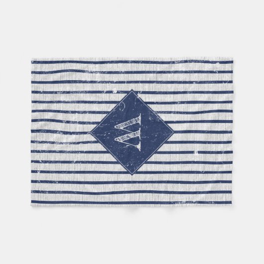 Rustic Gray Linen Navy Blue Stripes Monogram Fleece Deken (Voorkant (Horizontaal))