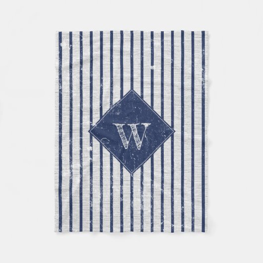 Rustic Gray Linen Navy Blue Stripes Monogram Fleece Deken (Voorkant)