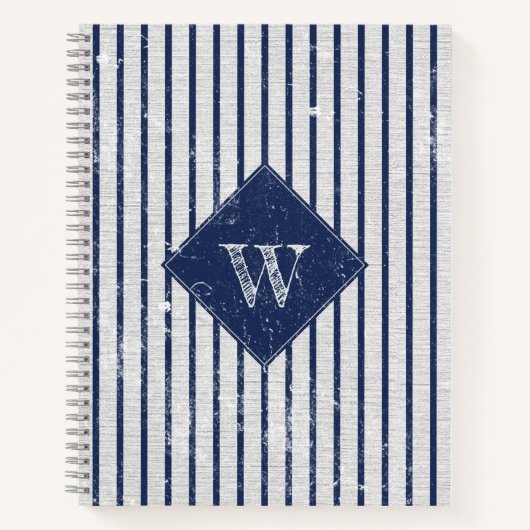 Rustic Gray Linen Navy Blue Stripes Monogram Notitieboek (Voorkant)