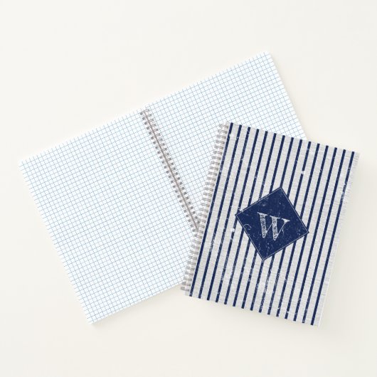 Rustic Gray Linen Navy Blue Stripes Monogram Notitieboek (Binnen)