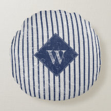Rustic Gray Linen Navy Blue Stripes Monogram