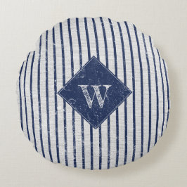 Rustic Gray Linen Navy Blue Stripes Monogram Rond Kussen