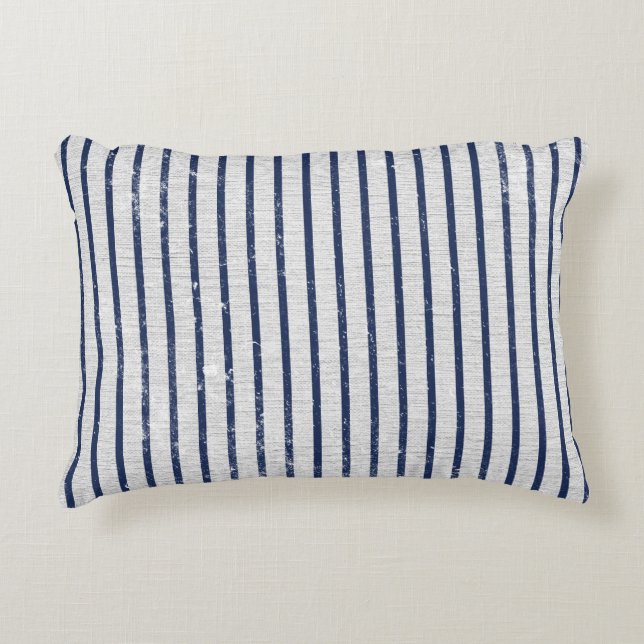 Rustic Gray Linen Navy Blue Stripes Pattern Accent Kussen (Voorkant)