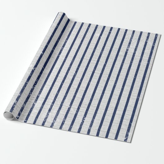 Rustic Gray Linen Navy Blue Stripes Pattern Cadeaupapier (Uitgerold)