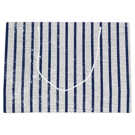 Rustic Gray Linen Navy Blue Stripes Pattern Groot Cadeauzakje (Voorkant)