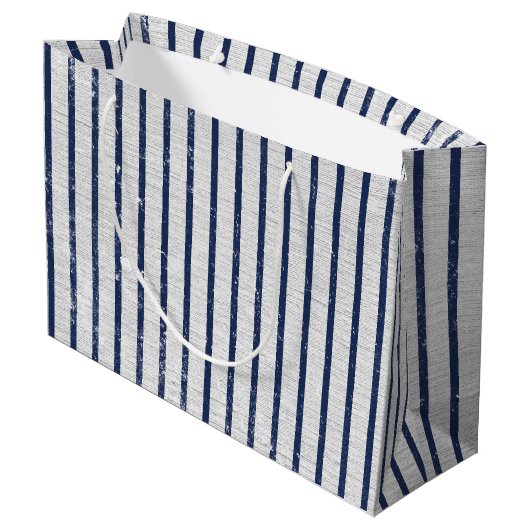 Rustic Gray Linen Navy Blue Stripes Pattern Groot Cadeauzakje (Achterkant Gekanteld)