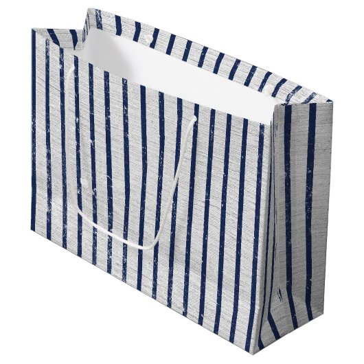 Rustic Gray Linen Navy Blue Stripes Pattern Groot Cadeauzakje (Voorkant Gekanteld)