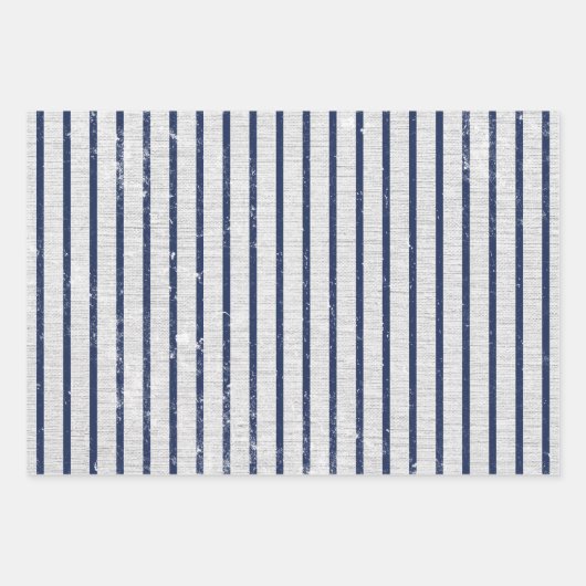 Rustic Gray Linen Navy Blue Stripes Pattern Inpakpapier Vel (Voorkant 2)