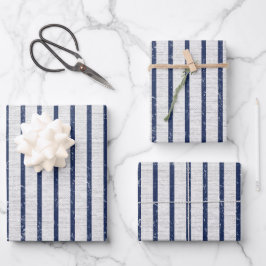 Rustic Gray Linen Navy Blue Stripes Pattern Inpakpapier Vel