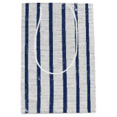 Rustic Gray Linen Navy Blue Stripes Pattern Medium Cadeauzakje (Voorkant)