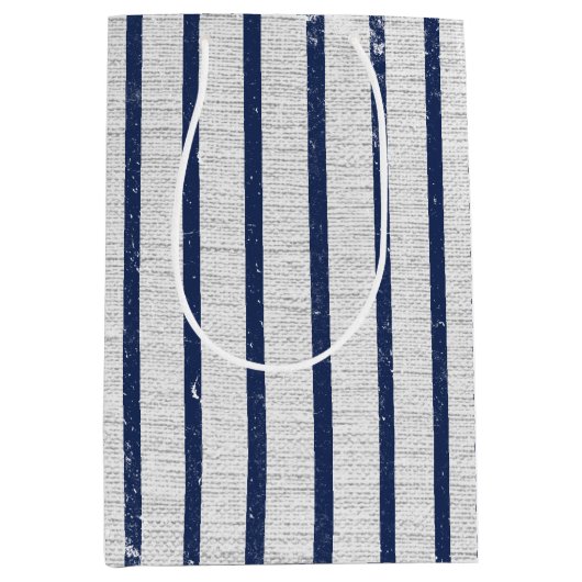 Rustic Gray Linen Navy Blue Stripes Pattern Medium Cadeauzakje (Voorkant)