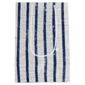 Rustic Gray Linen Navy Blue Stripes Pattern Medium Cadeauzakje (Achterkant)