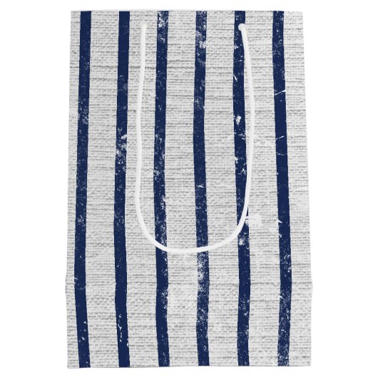 Rustic Gray Linen Navy Blue Stripes Pattern Medium Cadeauzakje (Achterkant)