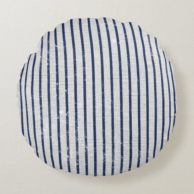 Rustic Gray Linen Navy Blue Stripes Pattern Rond Kussen (Voorkant)