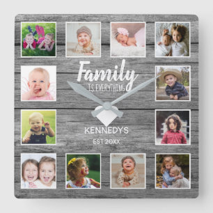 Rustic Gray Wood 12 Foto Collage Family Quote Vierkante Klok