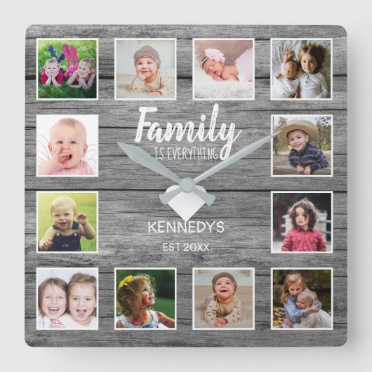 Rustic Gray Wood 12 Foto Collage Family Quote Vierkante Klok (Voorkant)