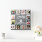 Rustic Gray Wood 12 Foto Collage Family Quote Vierkante Klok (Huis)