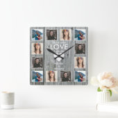 Rustic Gray Wood 12 Foto Collage Jubileum Love Vierkante Klok (Huis)