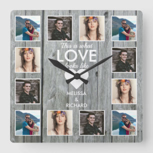 Rustic Gray Wood 12 Foto Collage Jubileum Love Vierkante Klok