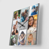 Rustic Gray Wood 8 Foto Collage Familienaam Vierkante Klok (Hoek)