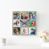 Rustic Gray Wood 8 Foto Collage Family Quote Vierkante Klok (Huis)