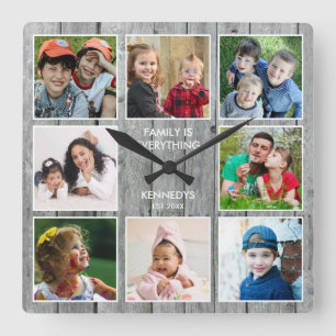 Rustic Gray Wood 8 Foto Collage Family Quote Vierkante Klok