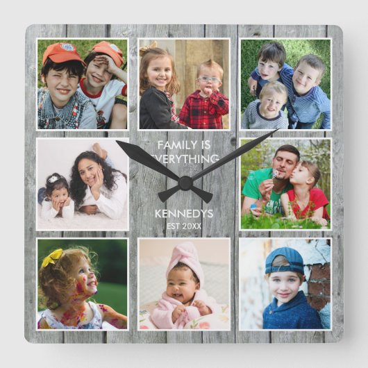 Rustic Gray Wood 8 Foto Collage Family Quote Vierkante Klok (Voorkant)