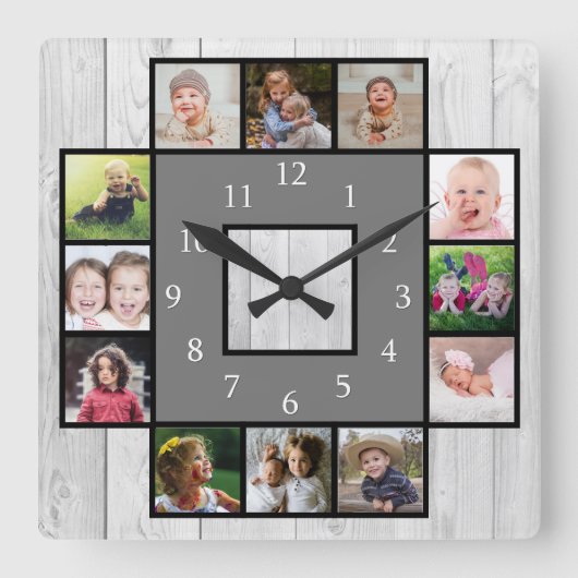 Rustic Gray Wood Creëer Your Own 12 Photo Collage Vierkante Klok (Voorkant)