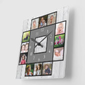 Rustic Gray Wood Creëer Your Own 12 Photo Collage Vierkante Klok (Hoek)