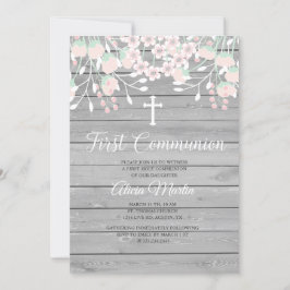 Rustic Gray wood floral first communiqué Kaart
