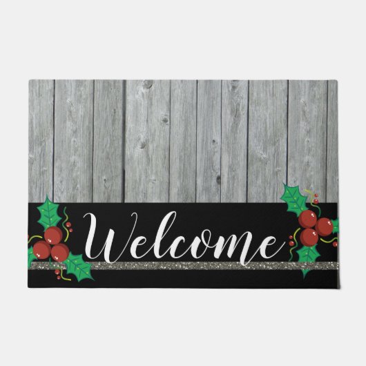 Rustic Gray Wood Holiday Welkom Deurmat (Voorkant)
