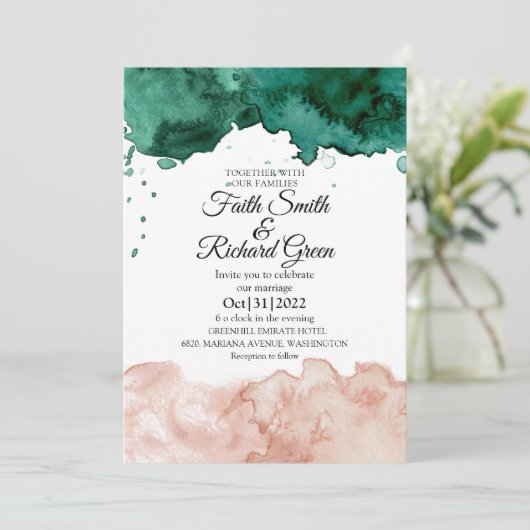 Rustic Green and Pink Fall Wedding Invitations Kaart (Staand voorkant)