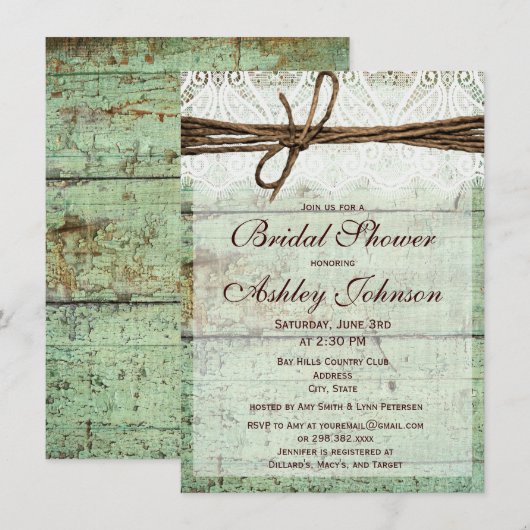 Rustic Green Barn Wood Bridal Shower Invitations Kaart (Voorkant / Achterkant)