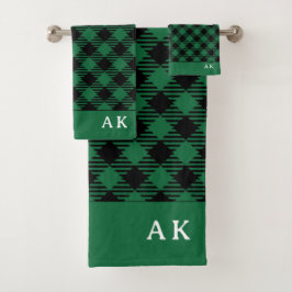 Rustic Green Black Buffalo Check Monogram Bad Handdoek