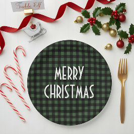 Rustic Green & Black Buffalo Plaid Merry Christmas Papieren Bordje
