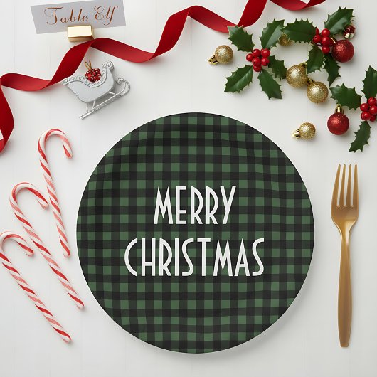 Rustic Green & Black Buffalo Plaid Merry Christmas Papieren Bordje