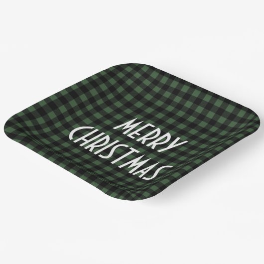 Rustic Green & Black Buffalo Plaid Vrolijk Kerstfe Papieren Bordje (Gebogen)