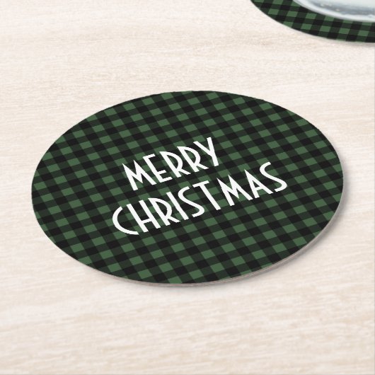 Rustic Green & Black Buffalo Plaid Vrolijk Kerstfe Ronde Kartonnen Onderzetter (Gebogen)